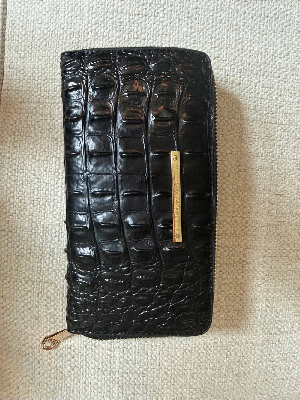 Brahmin Black Croc-Embossed Leather Zip Wallet with Gold Hardware